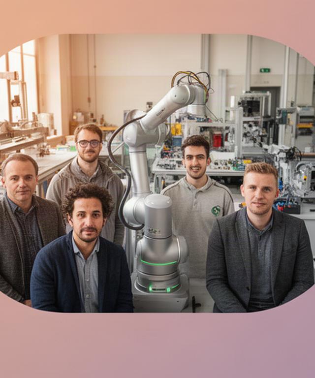 Team di ingegneri davanti alla sede di San Giuliano Terme con un robot collaborativo in laboratorio