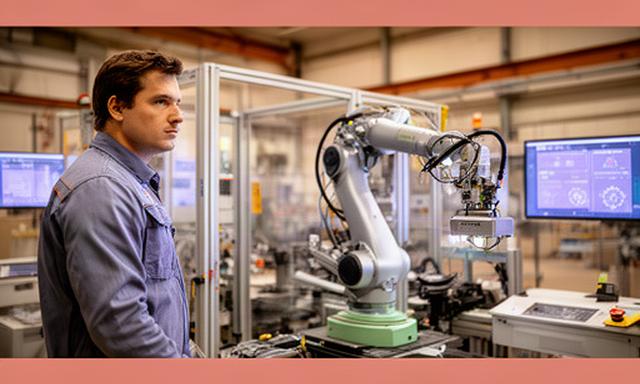 Tecnico davanti a una cella robotizzata e a dashboard di produzione in uno stabilimento toscano