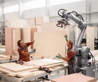 Operatori e robot che movimentano pannelli per assemblare arredi contract