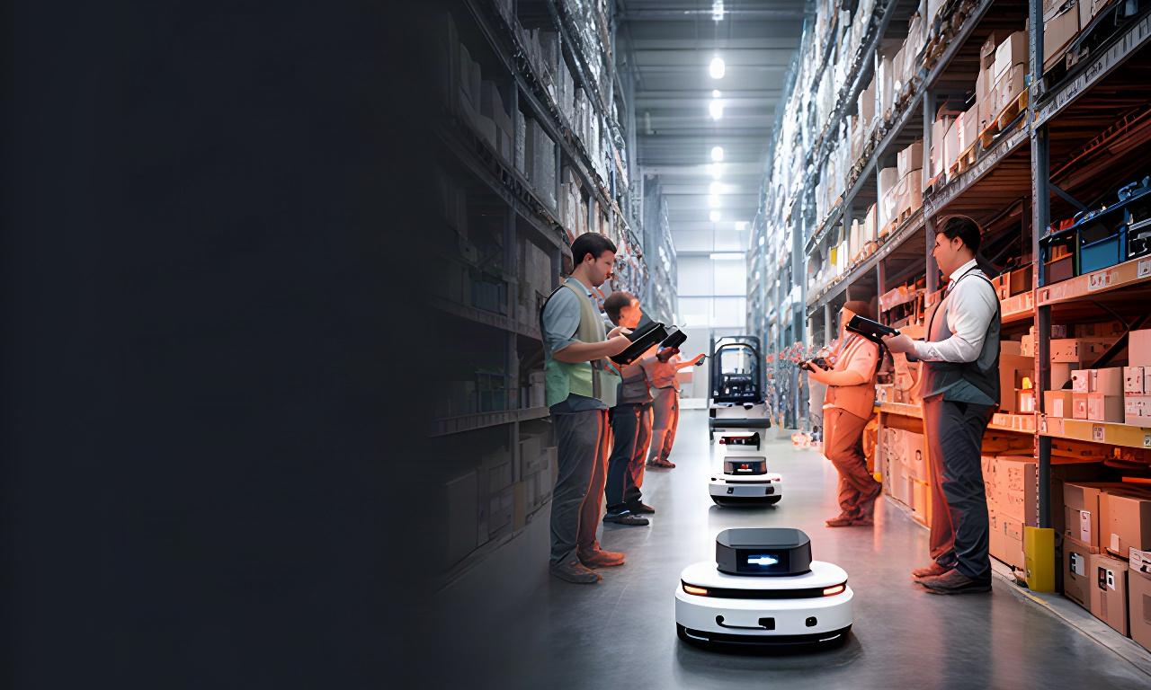Robot mobili autonomi in movimento tra scaffali di un magazzino logistico nella provincia di Pisa, con operatori e dashboard operative