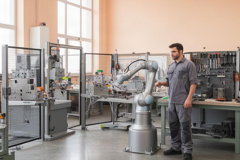 Robot collaborativo accanto a un operatore in una luminosa officina metalmeccanica toscana