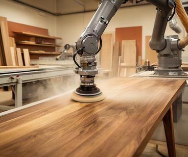 Braccio robotico che leviga un pannello di legno in una falegnameria industriale